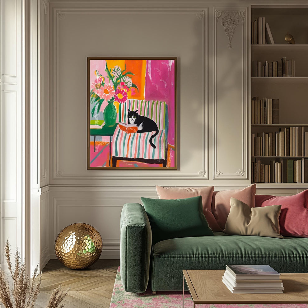 Tuxedo Cat Reading Print – Bookish Wall Art – Cozy Reading Nook Decor – Black and White Cat Art – Gift for Book Lovers – Dopamine Decor