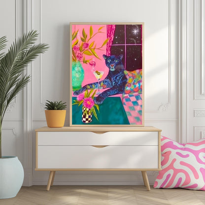 Surreal Martini Panther Art Print – Dirty Martini Wall Art – Maximalist Dopamine Decor – Funky Cocktail Cat Print Pink Panther Bar Cart Art