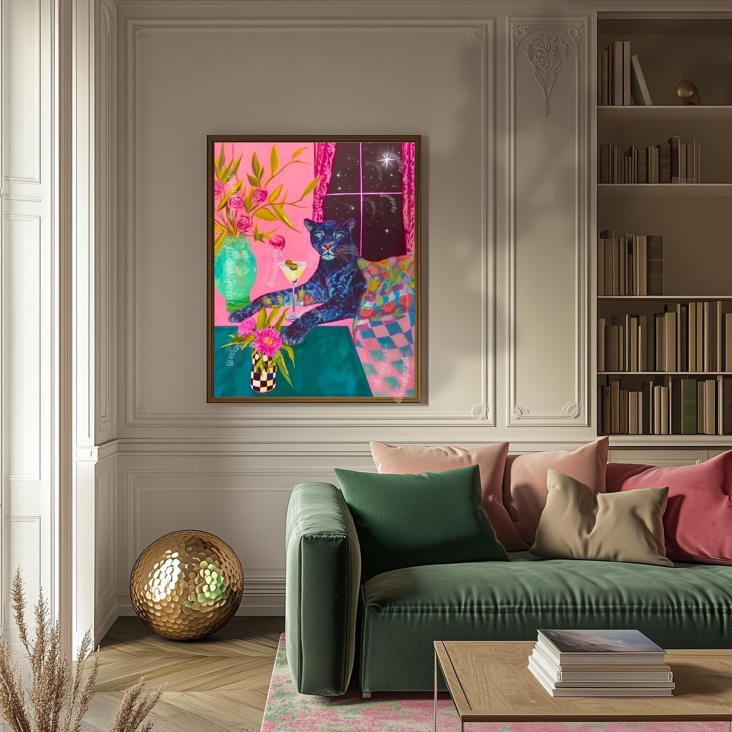 Surreal Martini Panther Art Print – Dirty Martini Wall Art – Maximalist Dopamine Decor – Funky Cocktail Cat Print Pink Panther Bar Cart Art