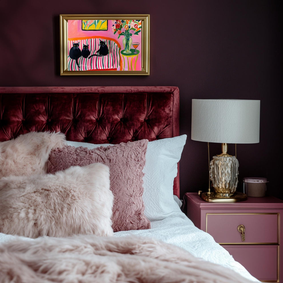 Three Black Cats on a Couch Art Print – Maximalist Cat Wall Art – Dirty Martini Decor – Bold Coquette Home Decor – Cocktail Bar Cat Print