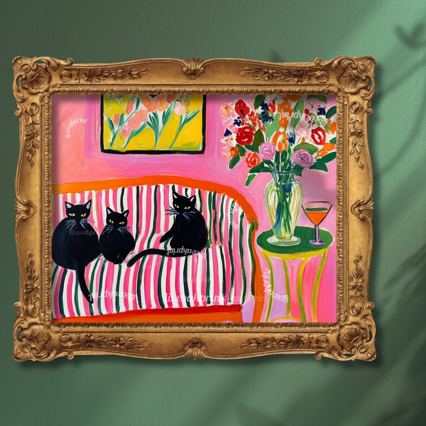 Three Black Cats on a Couch Art Print – Maximalist Cat Wall Art – Dirty Martini Decor – Bold Coquette Home Decor – Cocktail Bar Cat Print