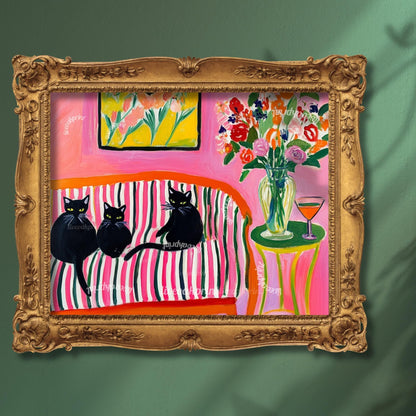 Three Black Cats on a Couch Art Print – Maximalist Cat Wall Art – Dirty Martini Decor – Bold Coquette Home Decor – Cocktail Bar Cat Print