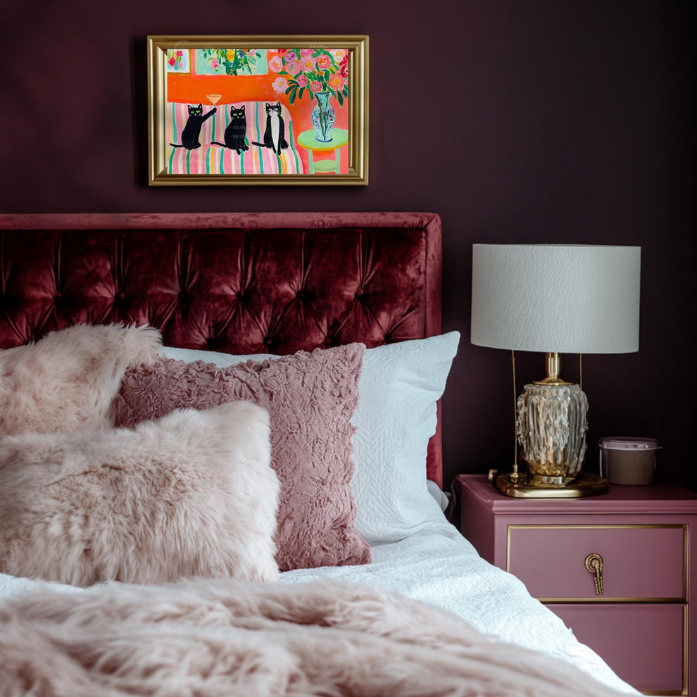 Cocktail Cats Art Print – Black Cat Martini Wall Art – Tuxedo Cat Print – Bold Coquette Decor – Midcentury Inspired Cat Lover Gift