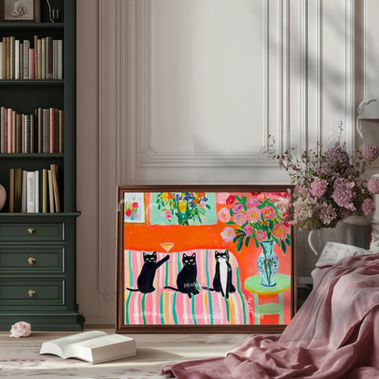 Cocktail Cats Art Print – Black Cat Martini Wall Art – Tuxedo Cat Print – Bold Coquette Decor – Midcentury Inspired Cat Lover Gift