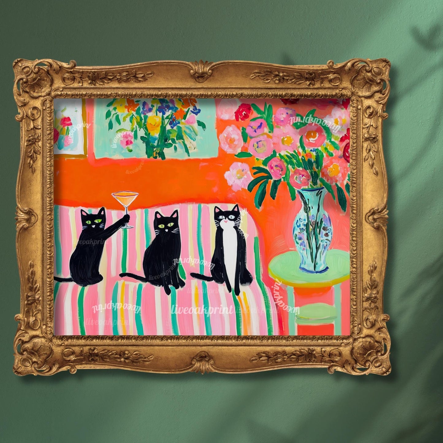 Cocktail Cats Art Print – Black Cat Martini Wall Art – Tuxedo Cat Print – Bold Coquette Decor – Midcentury Inspired Cat Lover Gift