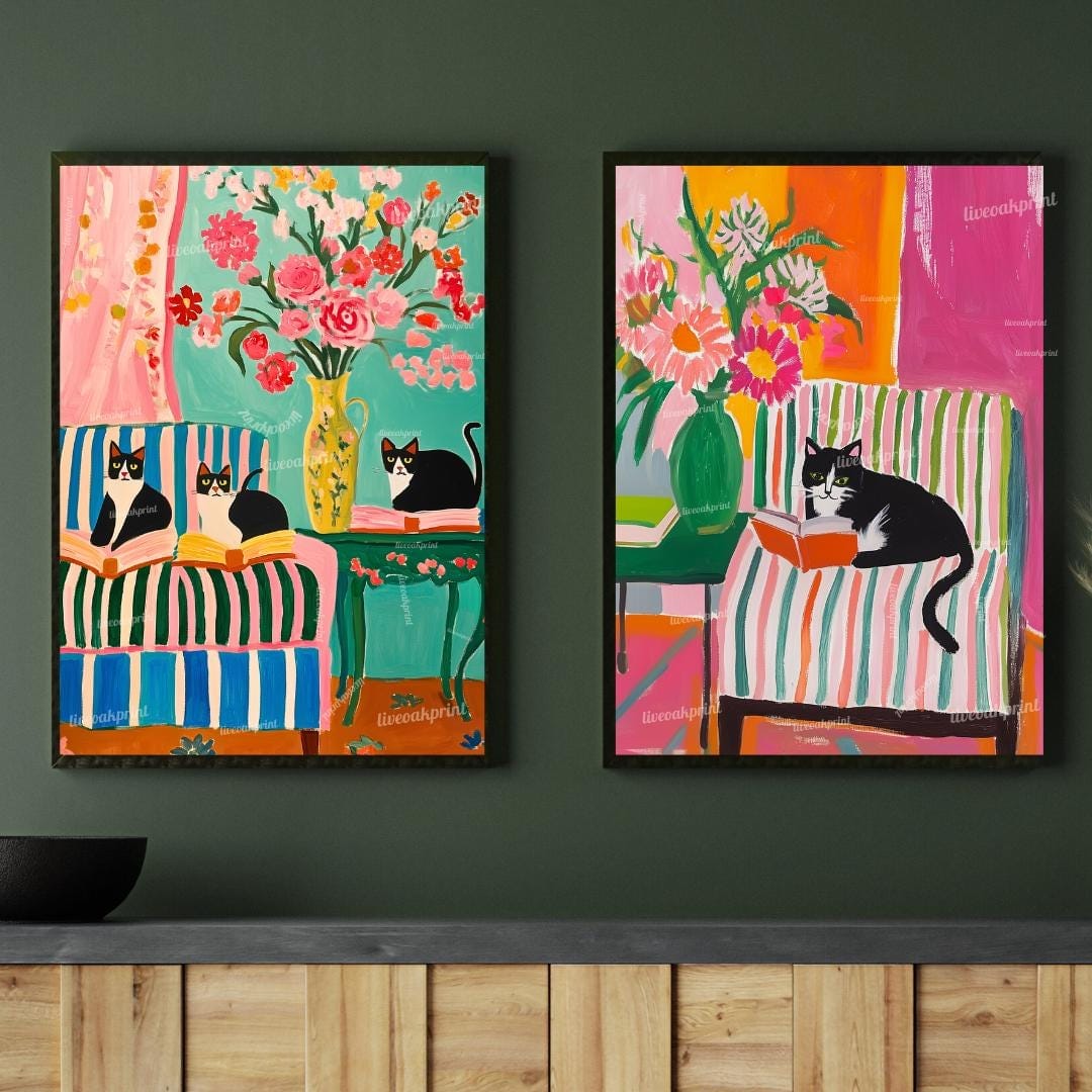 Tuxedo Cat Reading Art Prints – Bookish Cat Wall Art Set – Colorful Cat Lover Decor – Bold Coquette Library Aesthetic – Striped Chair Art