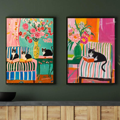 Tuxedo Cat Reading Art Prints – Bookish Cat Wall Art Set – Colorful Cat Lover Decor – Bold Coquette Library Aesthetic – Striped Chair Art
