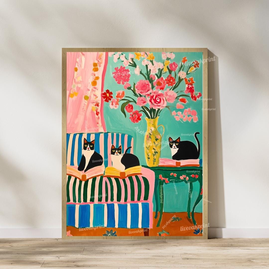 Tuxedo Cat Reading Art Prints – Bookish Cat Wall Art Set – Colorful Cat Lover Decor – Bold Coquette Library Aesthetic – Striped Chair Art