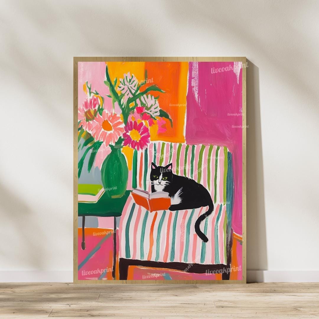 Tuxedo Cat Reading Art Prints – Bookish Cat Wall Art Set – Colorful Cat Lover Decor – Bold Coquette Library Aesthetic – Striped Chair Art