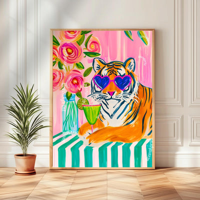 Margarita Tiger Wall Art – Bold Animal Print Decor – Pink Cocktail Art – Heart Sunglasses Tiger Print – Coquette Maximalist Bar Art