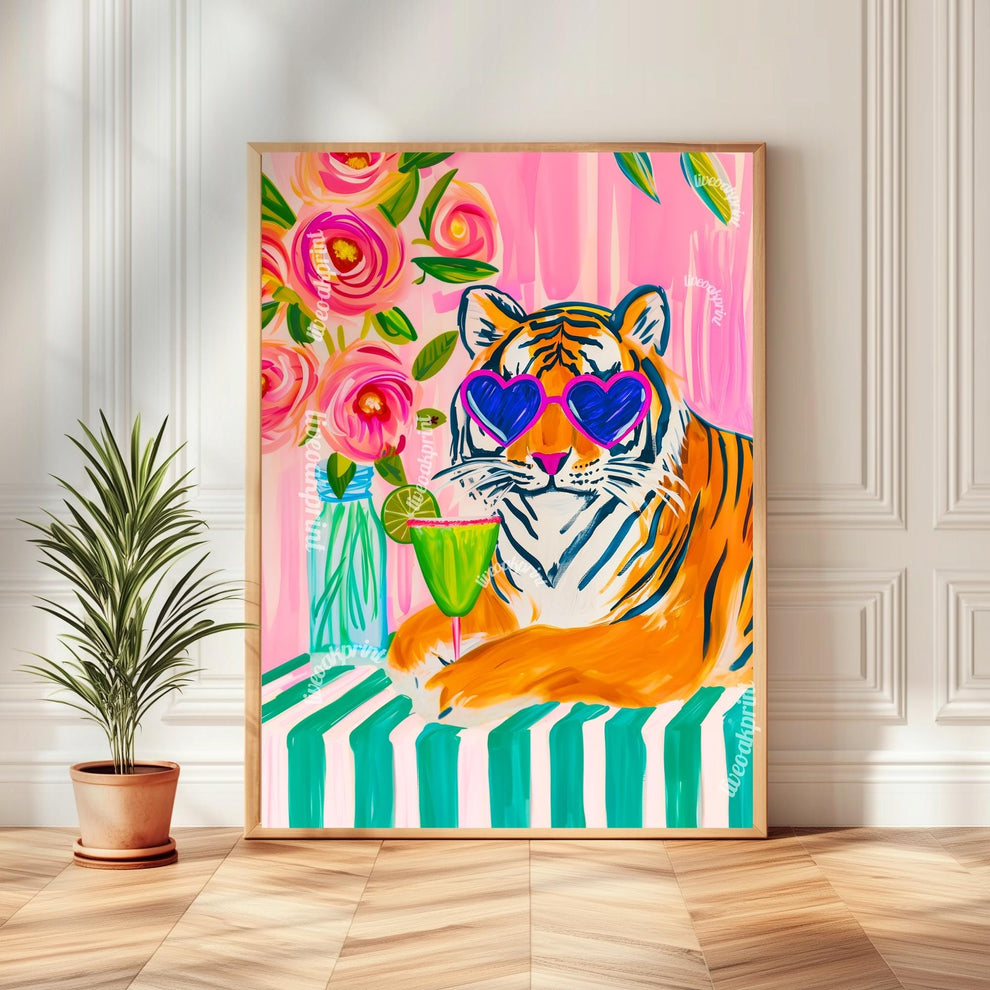 Margarita Tiger Wall Art – Bold Animal Print Decor – Pink Cocktail Art – Heart Sunglasses Tiger Print – Coquette Maximalist Bar Art