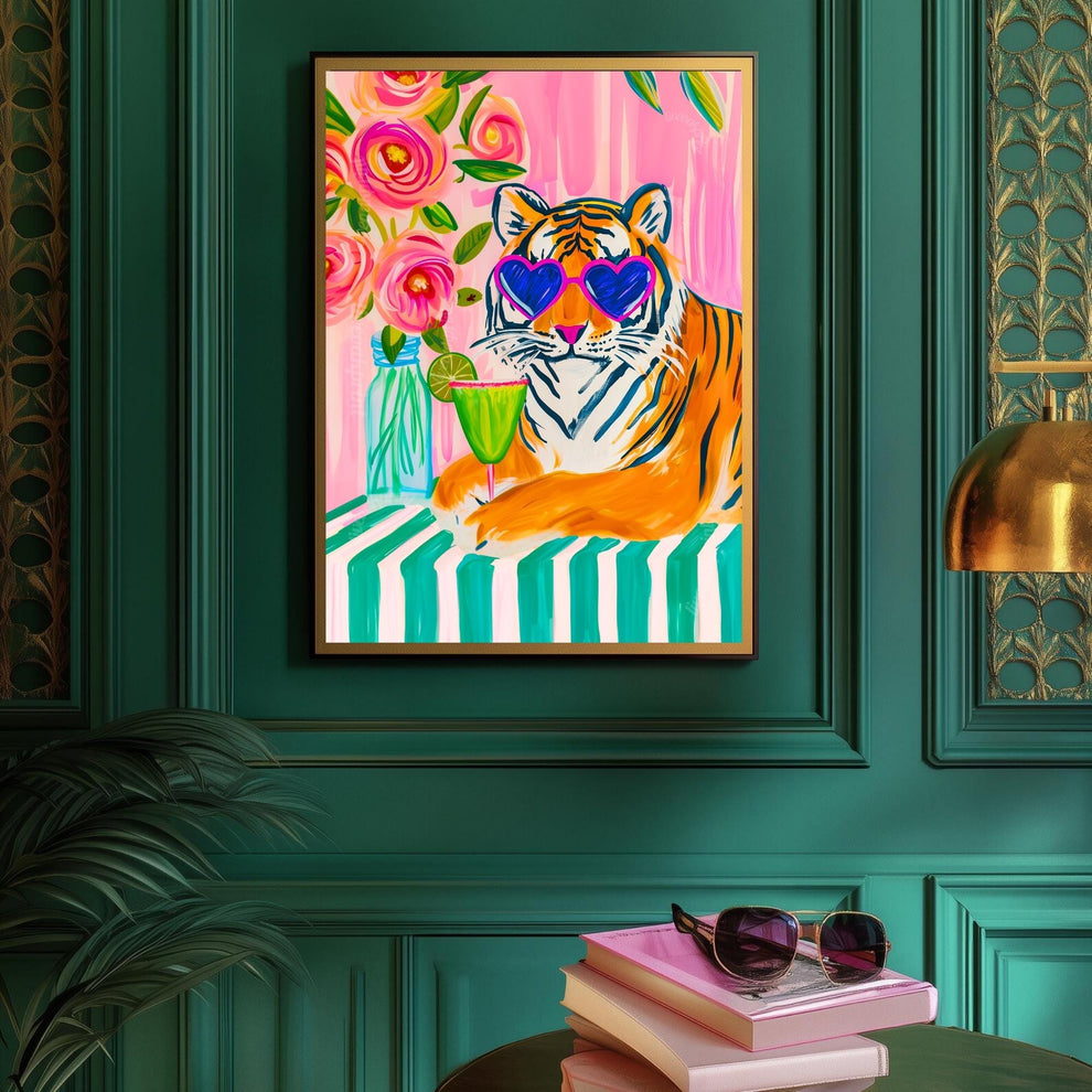 Margarita Tiger Wall Art – Bold Animal Print Decor – Pink Cocktail Art – Heart Sunglasses Tiger Print – Coquette Maximalist Bar Art
