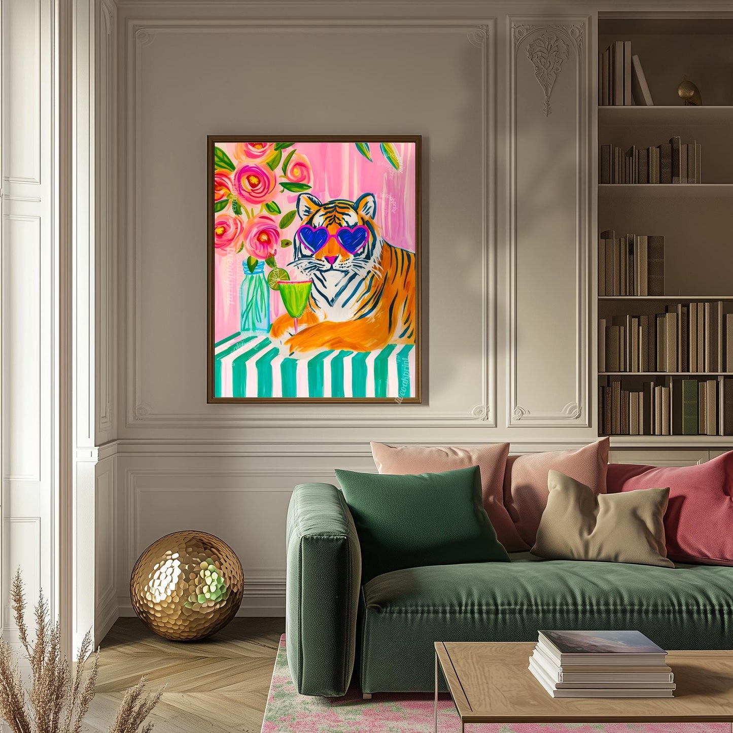 Margarita Tiger Wall Art – Bold Animal Print Decor – Pink Cocktail Art – Heart Sunglasses Tiger Print – Coquette Maximalist Bar Art