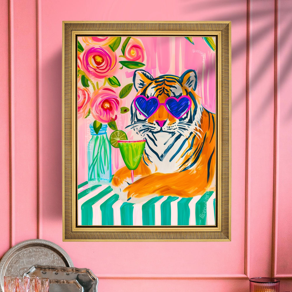 Margarita Tiger Wall Art – Bold Animal Print Decor – Pink Cocktail Art – Heart Sunglasses Tiger Print – Coquette Maximalist Bar Art
