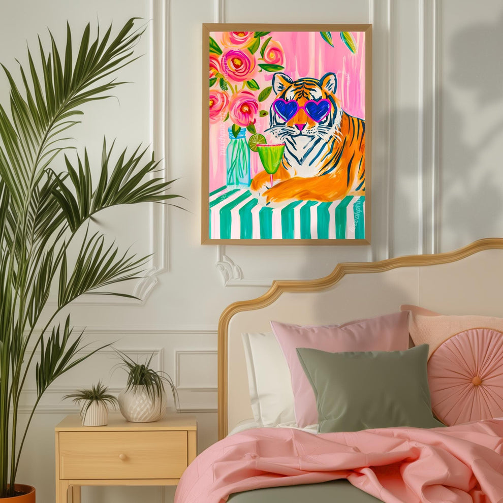 Margarita Tiger Wall Art – Bold Animal Print Decor – Pink Cocktail Art – Heart Sunglasses Tiger Print – Coquette Maximalist Bar Art