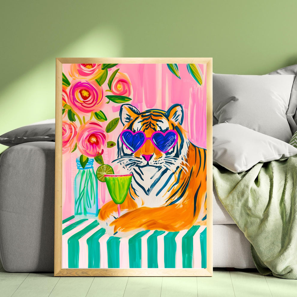 Margarita Tiger Wall Art – Bold Animal Print Decor – Pink Cocktail Art – Heart Sunglasses Tiger Print – Coquette Maximalist Bar Art