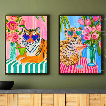 Cocktail Cat Jungle Print Set – Margarita & Martini Jungle Cat Wall Art – Pink Animal Bar Decor – Maximalist Dopamine Home Gift