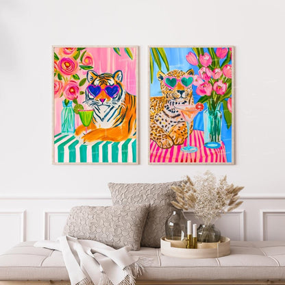 Cocktail Cat Jungle Print Set – Margarita & Martini Jungle Cat Wall Art – Pink Animal Bar Decor – Maximalist Dopamine Home Gift