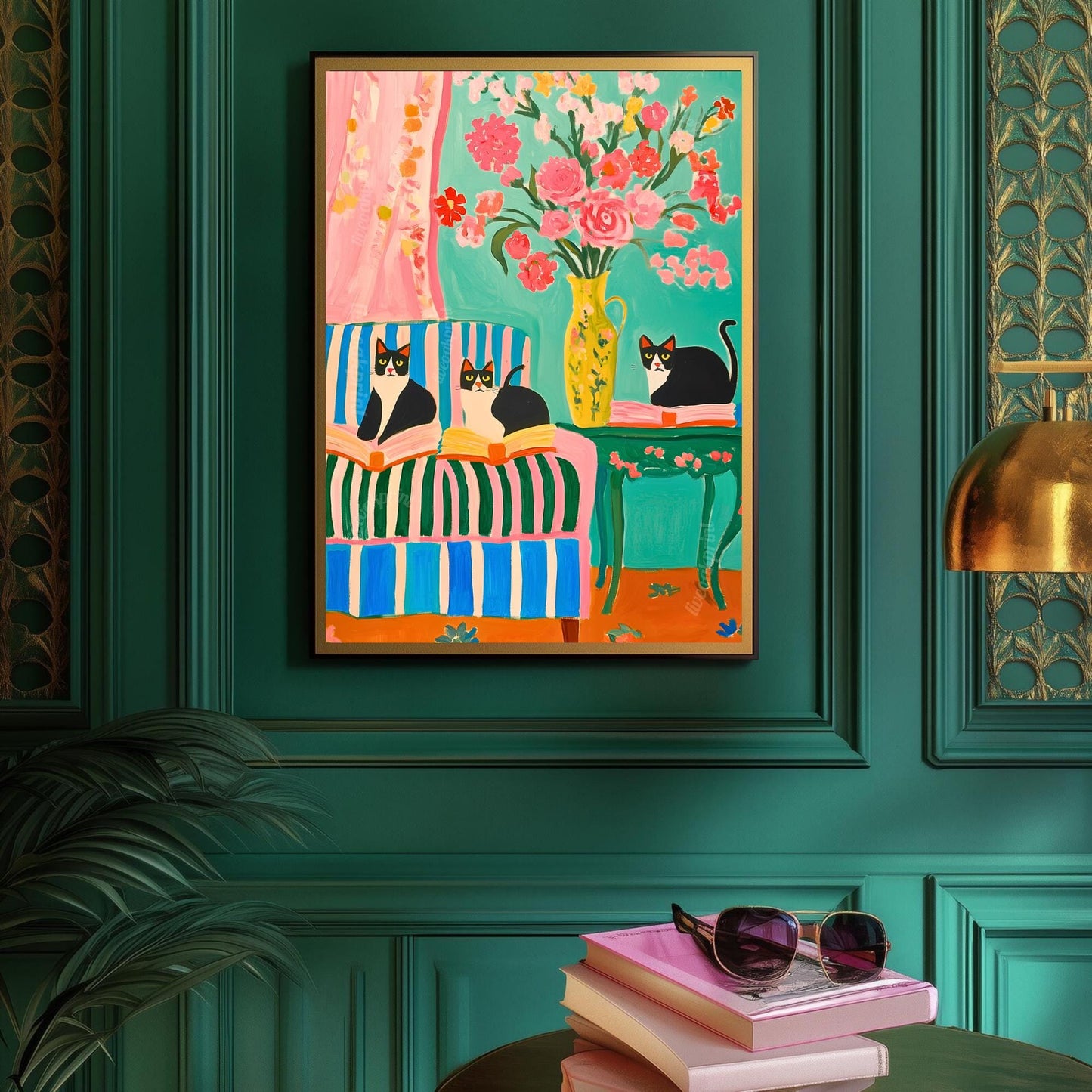 Tuxedo Cats and Books Art Print – Bookish Cat Wall Art – Bold Coquette Decor – Maximalist Reading Corner Print – Cat Lover Gift