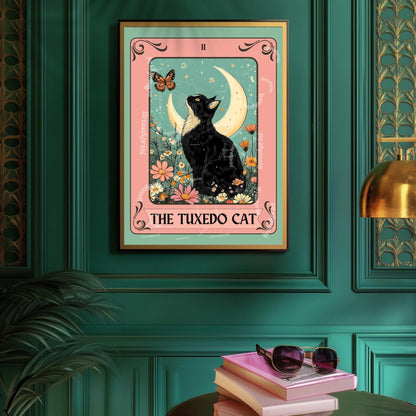 Tuxedo Cat Art Print – Black and White Cat Wall Decor Witchy Botanical Cat Poster Boho Cat Lover Gift Tuxedo Cat Wall Decor Tuxedo Cat Gift