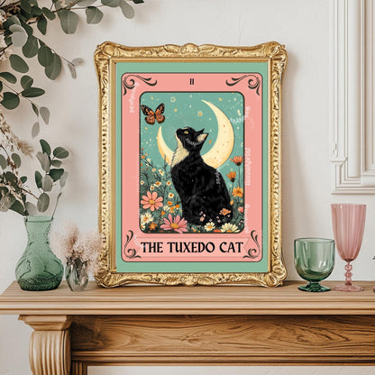 Tuxedo Cat Art Print – Black and White Cat Wall Decor Witchy Botanical Cat Poster Boho Cat Lover Gift Tuxedo Cat Wall Decor Tuxedo Cat Gift