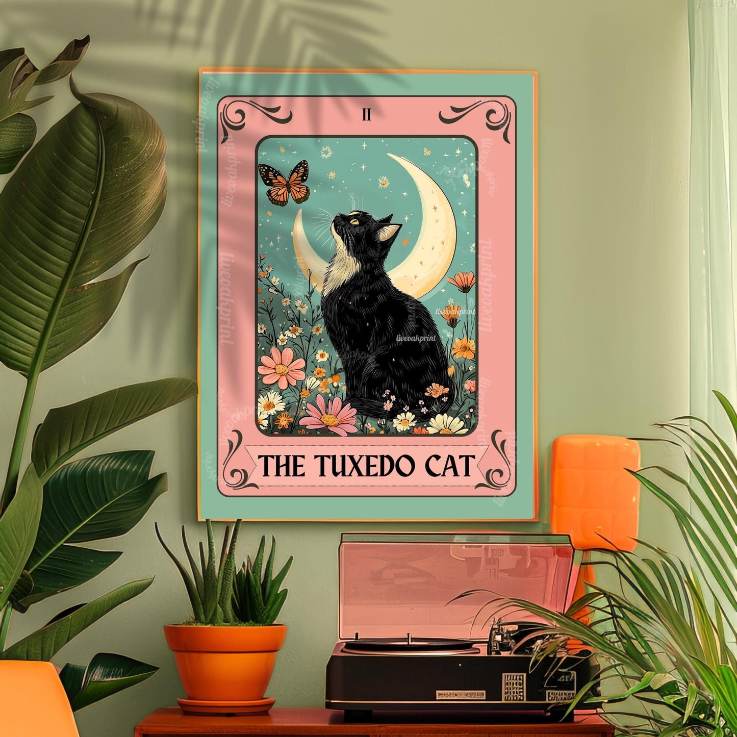 Tuxedo Cat Art Print – Black and White Cat Wall Decor Witchy Botanical Cat Poster Boho Cat Lover Gift Tuxedo Cat Wall Decor Tuxedo Cat Gift