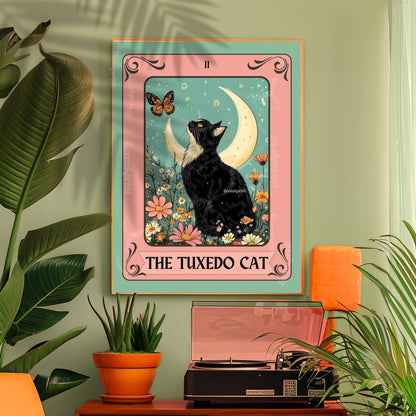 Tuxedo Cat Art Print – Black and White Cat Wall Decor Witchy Botanical Cat Poster Boho Cat Lover Gift Tuxedo Cat Wall Decor Tuxedo Cat Gift