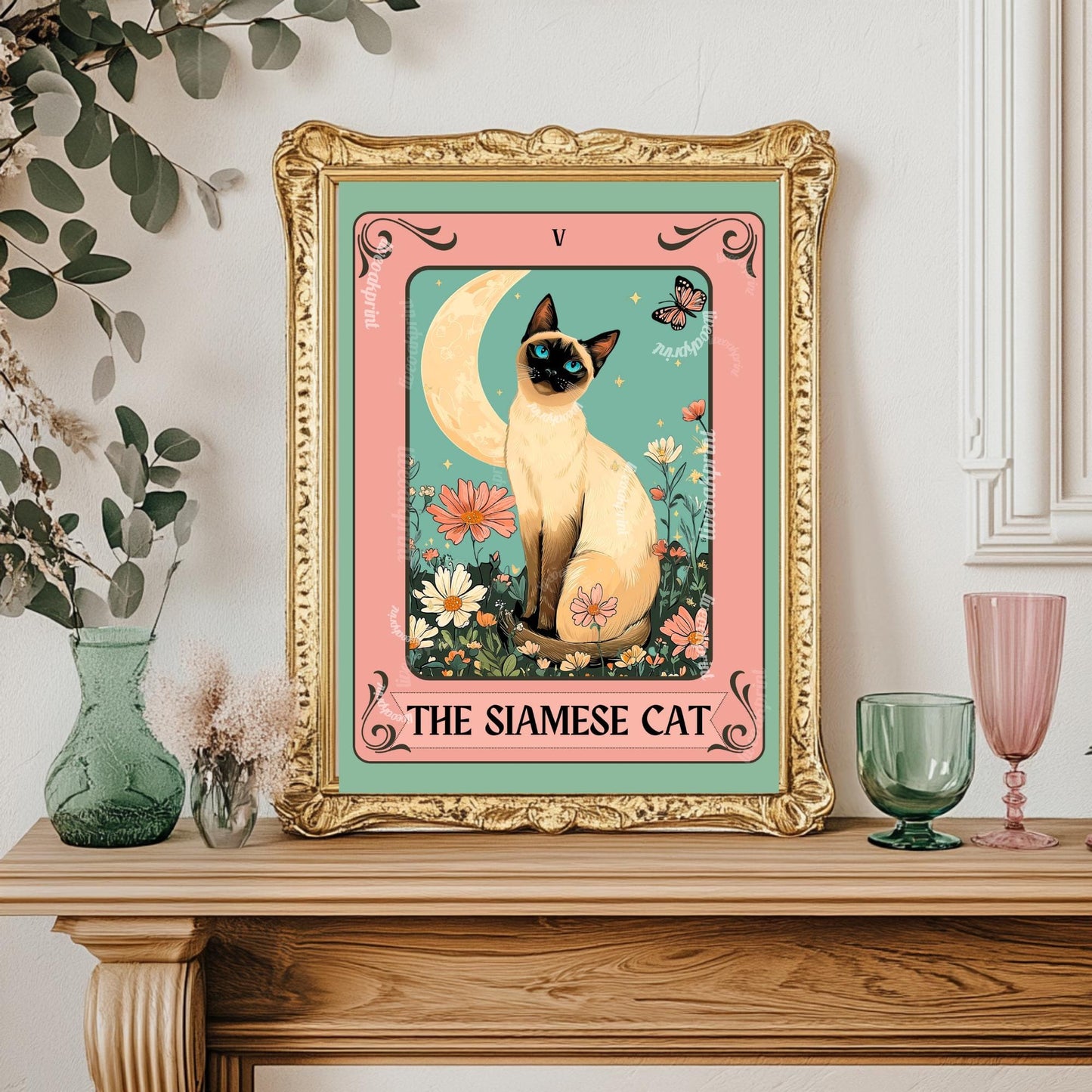 Siamese Cat Tarot Art Print – Whimsical Cat Wall Decor Cat Decor For Bedroom Witchy Cat Poster Cat Lover Gift Funky Cat Wall Art Living Room