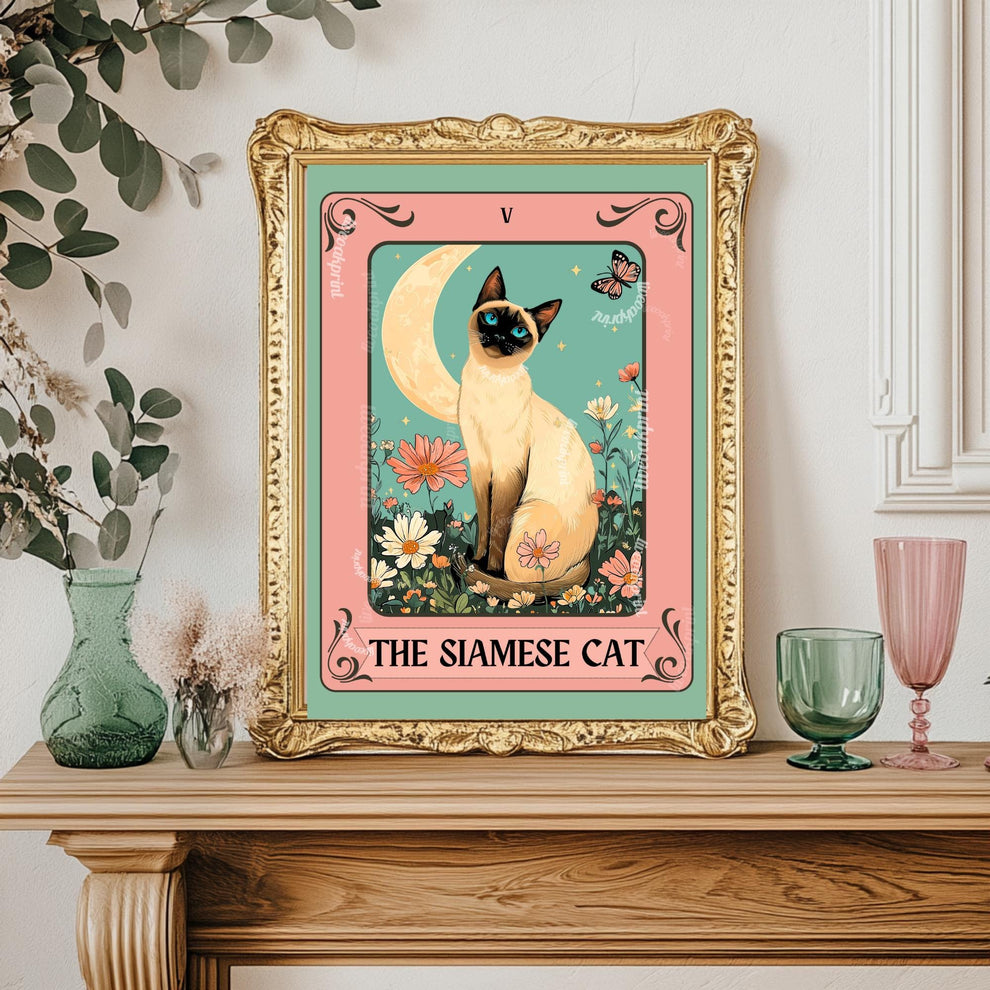 Siamese Cat Tarot Art Print – Whimsical Cat Wall Decor Cat Decor For Bedroom Witchy Cat Poster Cat Lover Gift Funky Cat Wall Art Living Room