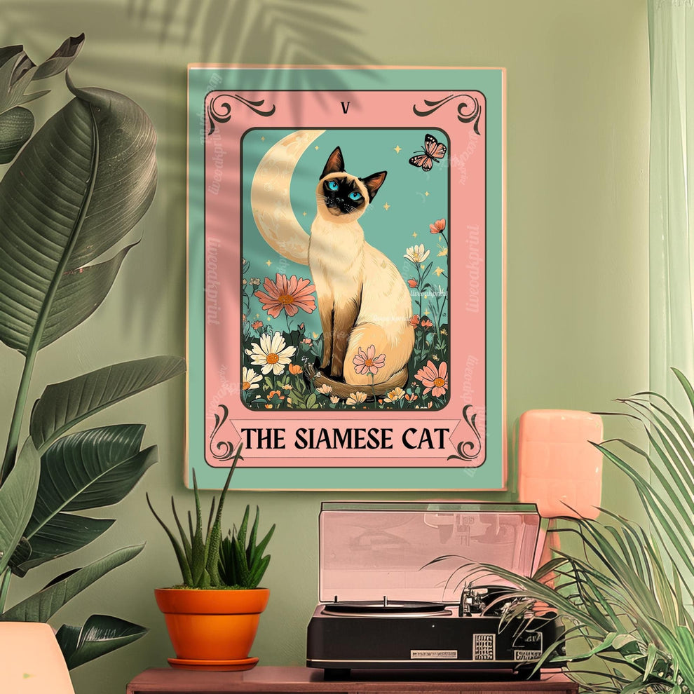 Siamese Cat Tarot Art Print – Whimsical Cat Wall Decor Cat Decor For Bedroom Witchy Cat Poster Cat Lover Gift Funky Cat Wall Art Living Room