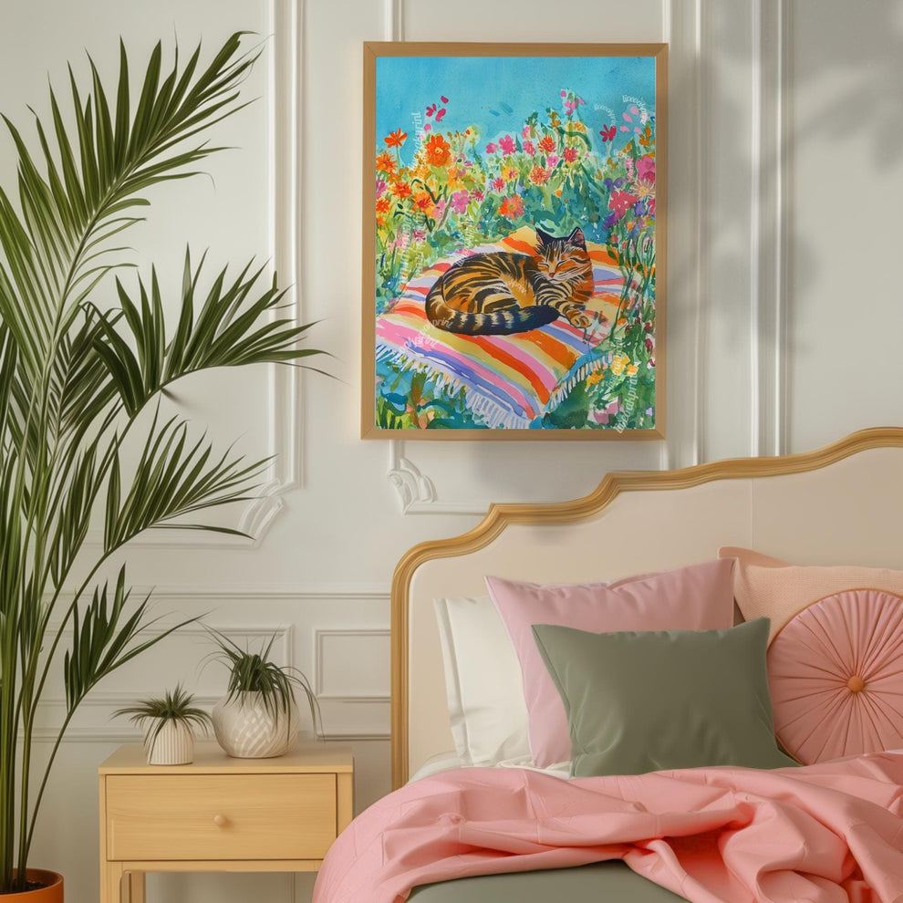 Sunbathing Cat Art Print – Floral Garden Cat Decor – Cozy Summer Wall Art – Botanical Cat Lover Gift – Cottagecore Tabby Cat Illustration