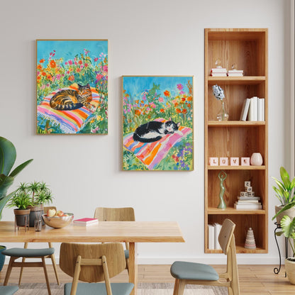 Sunbathing Cat Art Print – Floral Garden Cat Decor – Cozy Summer Wall Art – Botanical Cat Lover Gift – Cottagecore Tabby Cat Illustration