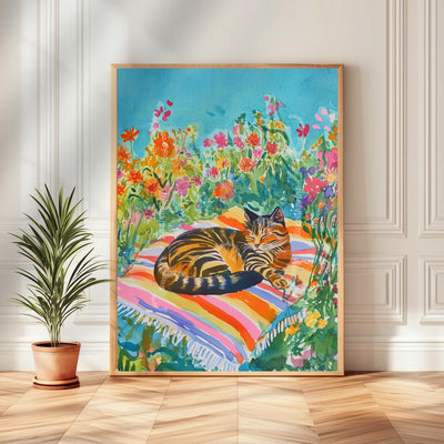 Sunbathing Cat Art Print – Floral Garden Cat Decor – Cozy Summer Wall Art – Botanical Cat Lover Gift – Cottagecore Tabby Cat Illustration