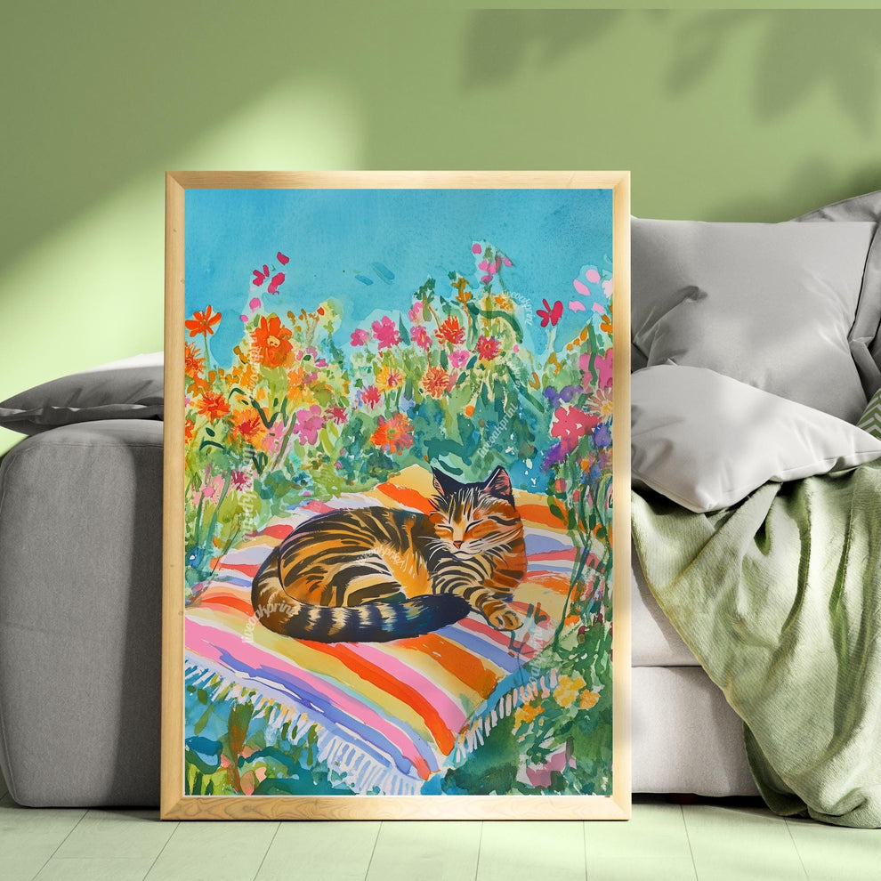 Sunbathing Cat Art Print – Floral Garden Cat Decor – Cozy Summer Wall Art – Botanical Cat Lover Gift – Cottagecore Tabby Cat Illustration