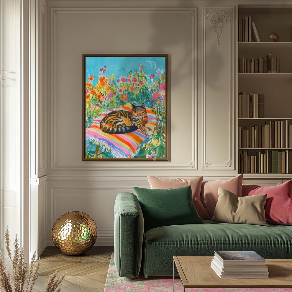 Sunbathing Cat Art Print – Floral Garden Cat Decor – Cozy Summer Wall Art – Botanical Cat Lover Gift – Cottagecore Tabby Cat Illustration