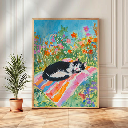 Tuxedo Cat Garden Print – Summer Cat Wall Art – Botanical Nap Time Decor – Cottagecore Black And White Cat Illustration