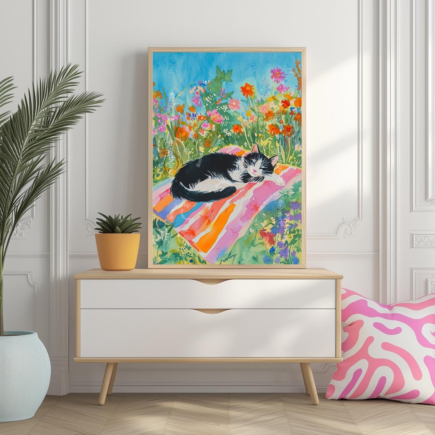 Tuxedo Cat Garden Print – Summer Cat Wall Art – Botanical Nap Time Decor – Cottagecore Black And White Cat Illustration