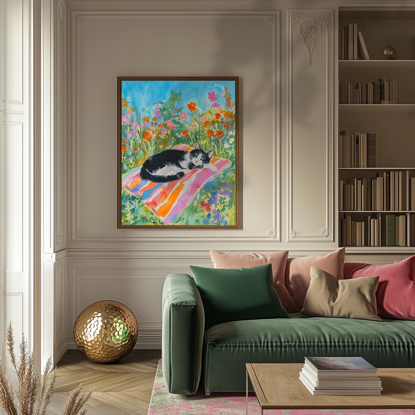 Tuxedo Cat Garden Print – Summer Cat Wall Art – Botanical Nap Time Decor – Cottagecore Black And White Cat Illustration