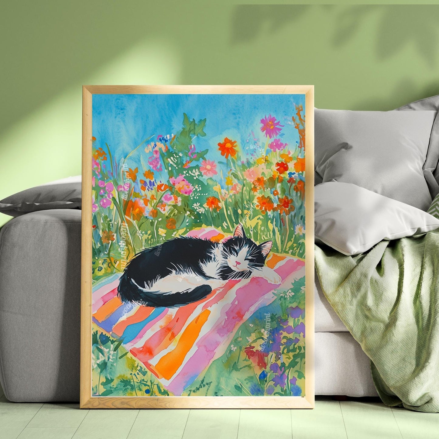 Tuxedo Cat Garden Print – Summer Cat Wall Art – Botanical Nap Time Decor – Cottagecore Black And White Cat Illustration