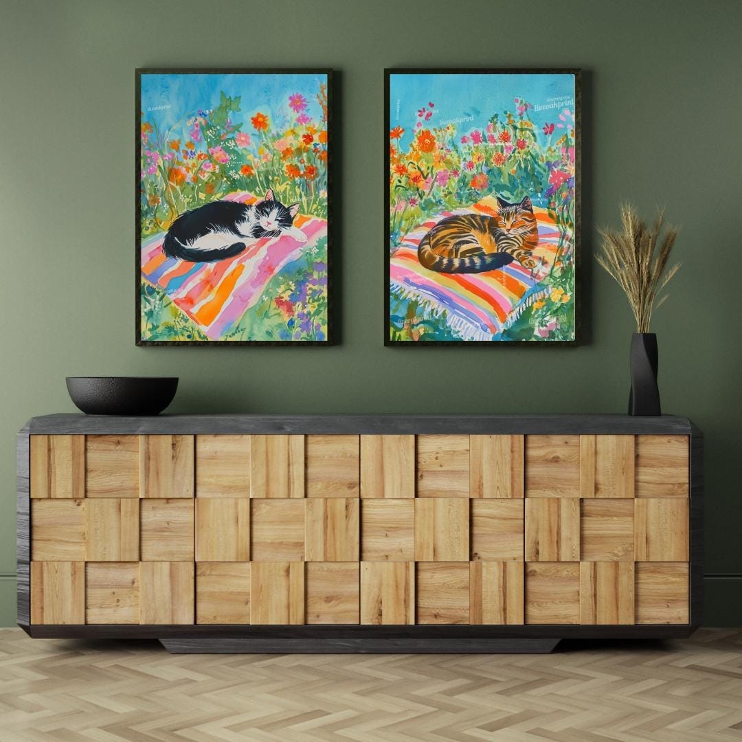 Garden Cat Wall Art Set – Floral Nap Time Cat Prints – Tuxedo Cat and Tabby Cat Cottagecore Decor – Cat Lover Gift – Cozy Cat Bedroom Art