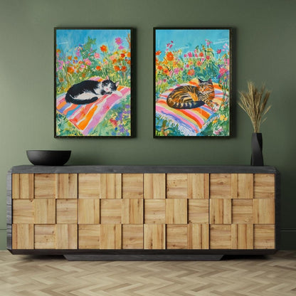 Garden Cat Wall Art Set – Floral Nap Time Cat Prints – Tuxedo Cat and Tabby Cat Cottagecore Decor – Cat Lover Gift – Cozy Cat Bedroom Art
