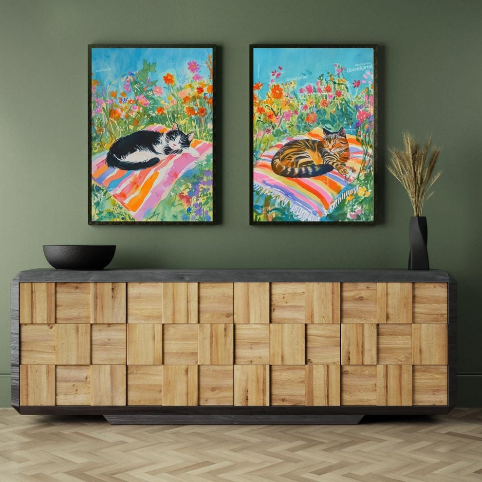 Garden Cat Wall Art Set – Floral Nap Time Cat Prints – Tuxedo Cat and Tabby Cat Cottagecore Decor – Cat Lover Gift – Cozy Cat Bedroom Art