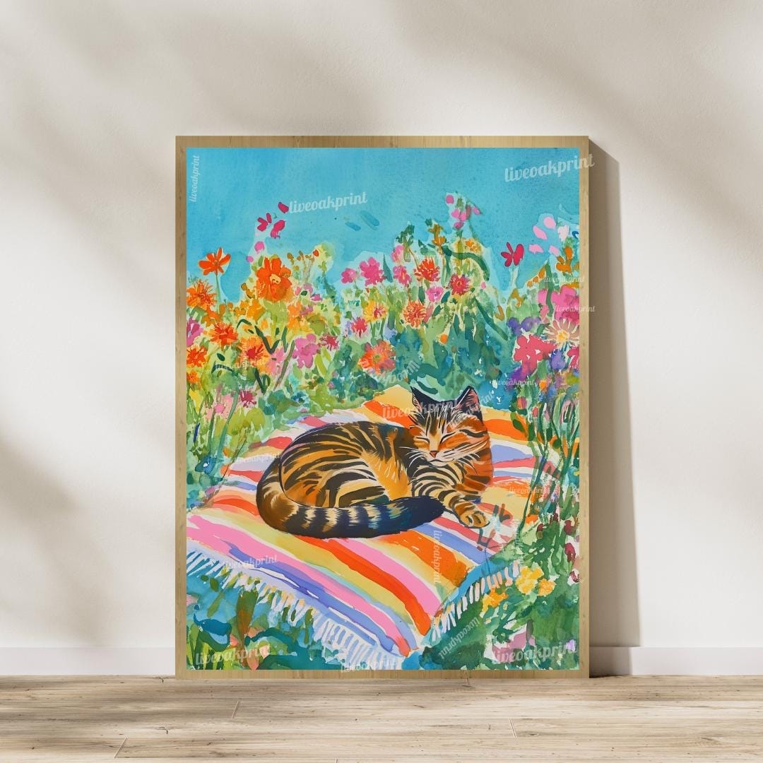 Garden Cat Wall Art Set – Floral Nap Time Cat Prints – Tuxedo Cat and Tabby Cat Cottagecore Decor – Cat Lover Gift – Cozy Cat Bedroom Art