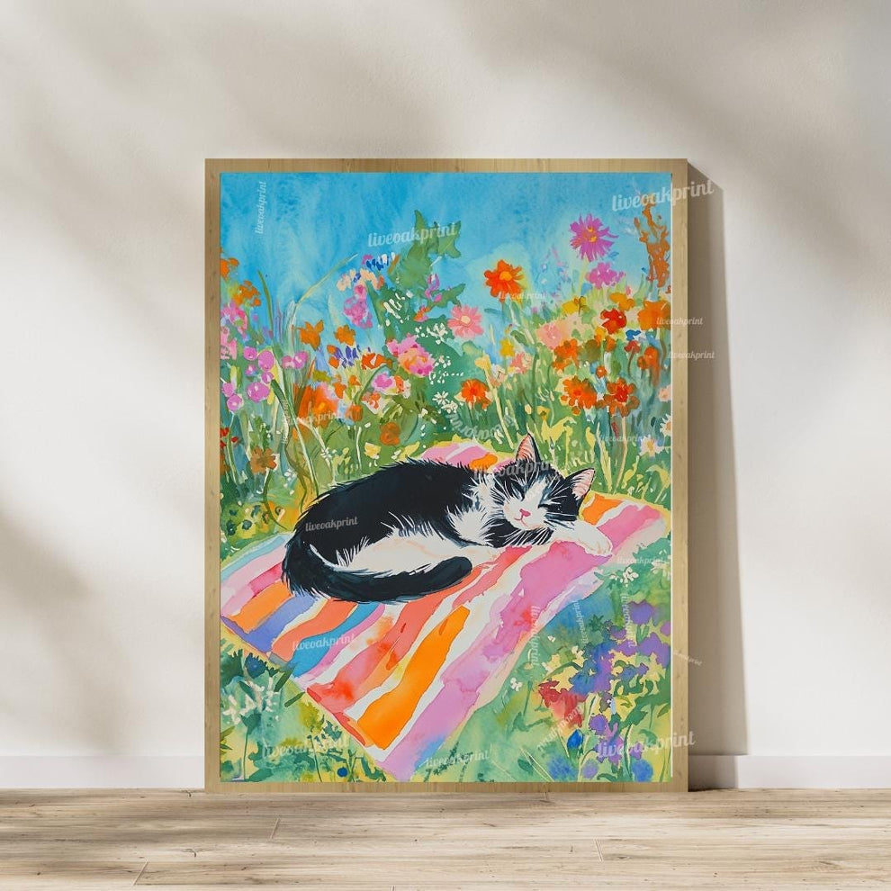 Garden Cat Wall Art Set – Floral Nap Time Cat Prints – Tuxedo Cat and Tabby Cat Cottagecore Decor – Cat Lover Gift – Cozy Cat Bedroom Art
