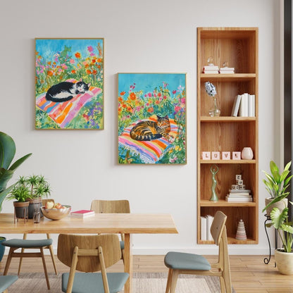 Garden Cat Wall Art Set – Floral Nap Time Cat Prints – Tuxedo Cat and Tabby Cat Cottagecore Decor – Cat Lover Gift – Cozy Cat Bedroom Art