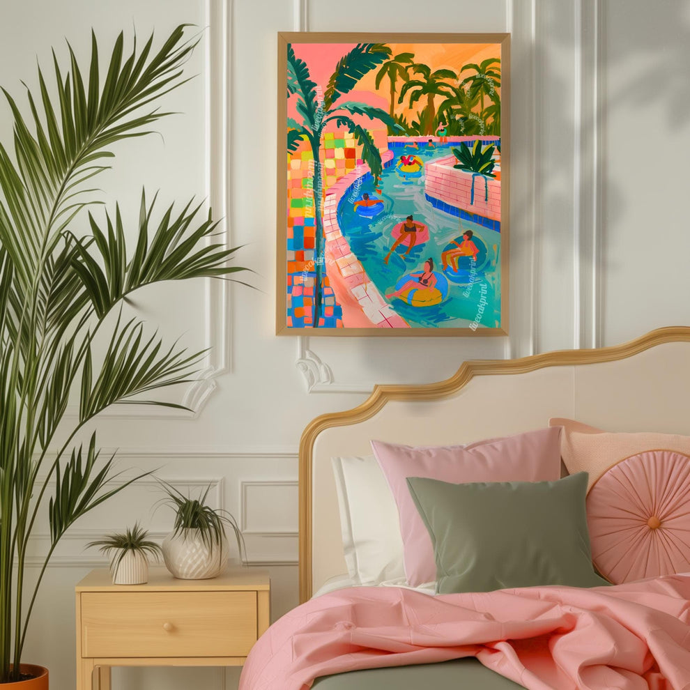 Lazy River Art Print – Retro Pool Float Illustration – Palm Springs Summer Wall Art – Colorful Vacation Decor – Warm Weather Dopamine Art