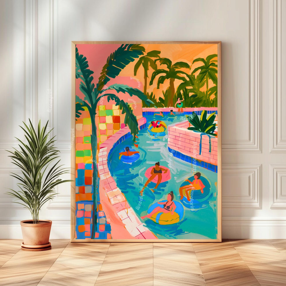 Lazy River Art Print – Retro Pool Float Illustration – Palm Springs Summer Wall Art – Colorful Vacation Decor – Warm Weather Dopamine Art