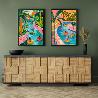 Lazy River Art Print Set – Colorful Summer Wall Art – Retro Pool Float Decor – Vacation Gallery Wall – Dopamine Decor Set of Two Prints
