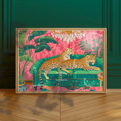 Leopard Lounge Wall Art – Maximalist Jungle Print – Pink and Green Glam Decor – Animal Print Living Room Art – Vintage Palm Wallpaper