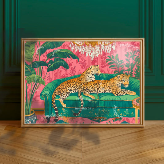 Leopard Lounge Wall Art – Maximalist Jungle Print – Pink and Green Glam Decor – Animal Print Living Room Art – Vintage Palm Wallpaper